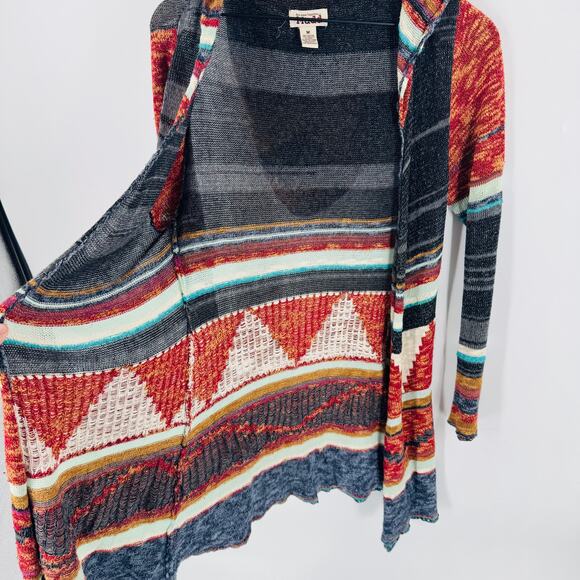 Mudd Womens M Southwest Boho Striped Open Front Hooded Cardigan Sweater Knit - Picture 7 of 9